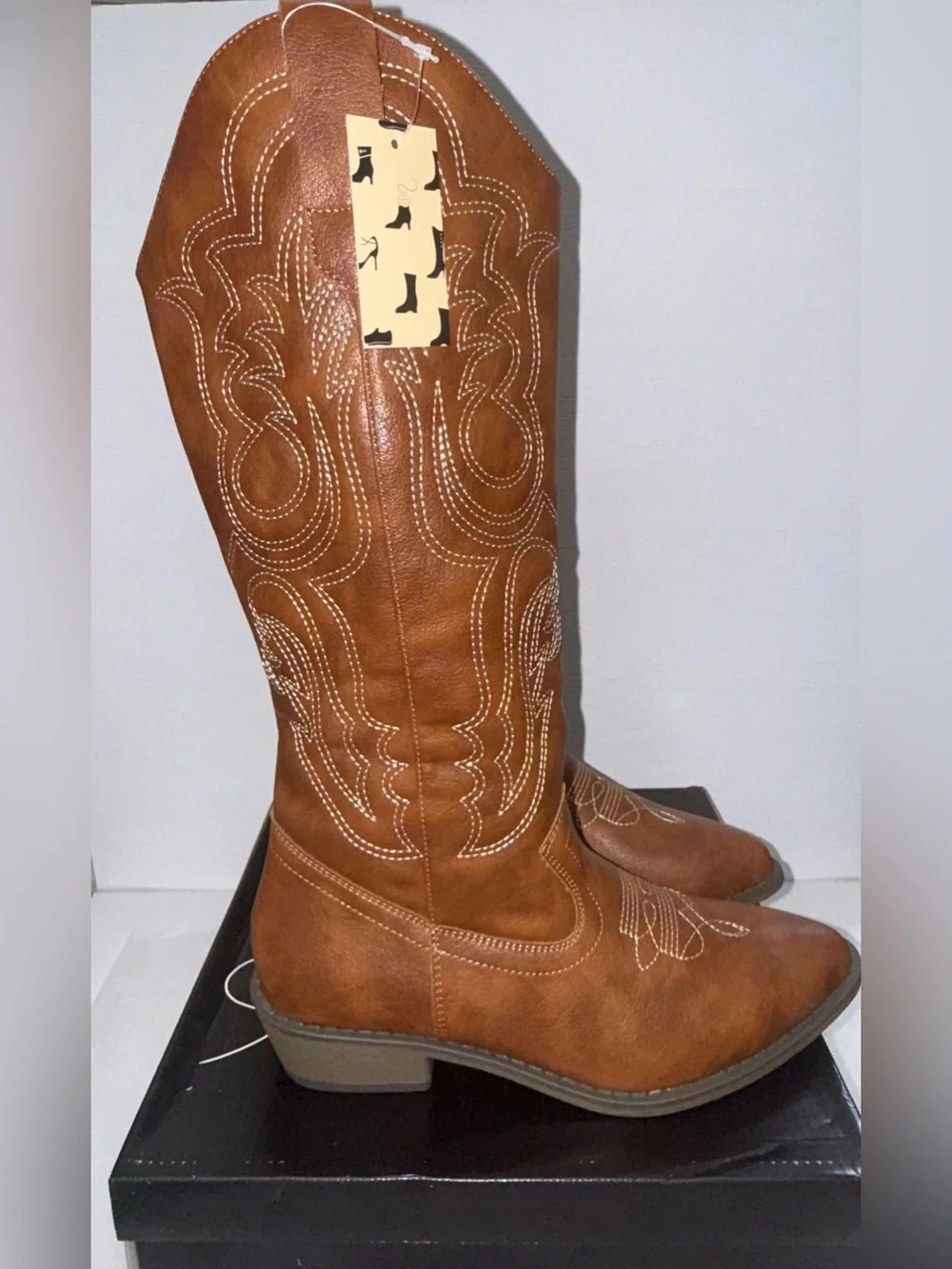 mysoft Embroidered Mid-Calf Cowboy Boots Pointed Toe BlockHeel Size 7.5